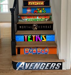 the stairs are decorated with avengers stickers