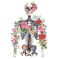 a watercolor drawing of a skeleton with flowers around it's neck and back