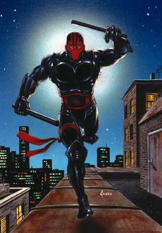 a drawing of a ninja on the roof of a building with city lights in the background