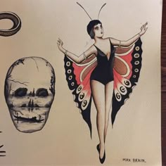 a drawing of a woman with wings and a skull