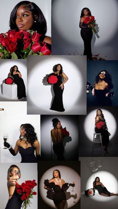 a collage of photos with woman in black dress and red roses