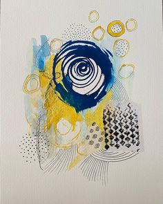 an abstract painting with blue, yellow and black circles on white paper by artist jodi smith