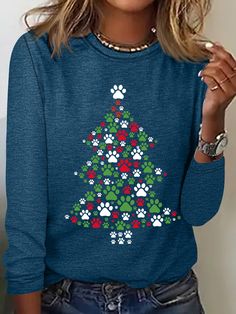 Women's Long Sleeve Tee T-shirt Spring/Fall Christmas Cotton-Blend Crew Neck Daily Going Out Casual Top | justfashionnow Holiday Long Sleeve Cotton Sweatshirt, Relaxed Fit Long Sleeve Holiday T-shirt, Christmas Long Sleeve T-shirt, Casual Long Sleeve Christmas T-shirt, Cute Christmas Jumpers, Cozy Christmas Outfit, Volume Spray, Red Long Sleeve Christmas T-shirt, Watermelon Pattern