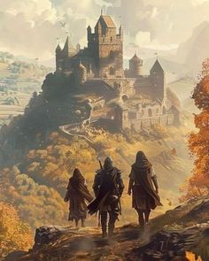 two people walking towards a castle on top of a hill in the middle of autumn