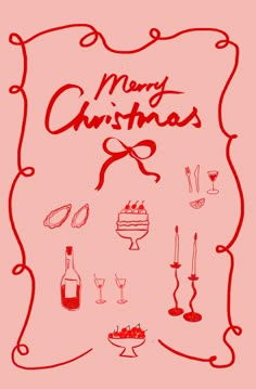 a christmas card with wine, candles and other holiday items in red on a pink background