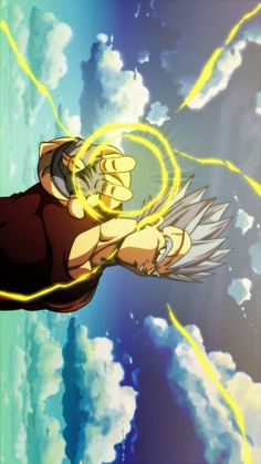 an anime character flying through the air with his arms out and lightning coming from behind him