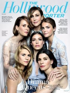 the cover of hollywood reporter magazine with four women in white dresses and one is holding her arm around another woman's shoulder