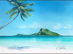 a painting of a tropical island with a palm tree