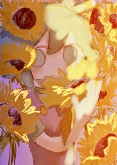 a painting of a woman surrounded by sunflowers