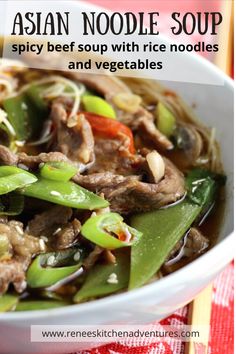 Bowl of Asian Noodle Soup ready to eat with chop sticks by the side. Beef Rice Noodles, Chinese Beef Noodle Soup, Authentic Rice, Asian Noodle Soup, Savory Soup Recipes, Soup With Beef, Asian Soup Noodle, Pork Dinners, Chinese Beef