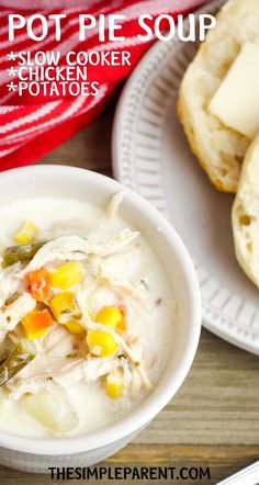 a bowl of chicken pot pie soup on a white plate