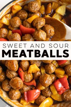 sweet and sour meatballs in a skillet with a wooden spoon on the side