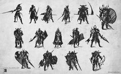 a bunch of different types of knights in black and white