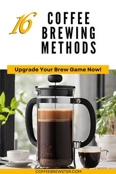 Picture of a French press coffee brewer with 2 cups of coffee. Text reads:  16 Coffee Brewing Methods. Upgrade your brew game now!  coffeebrewster.com Homemade Cold Brew Coffee, Brew Iced Coffee, Ways To Make Coffee, Coffee Brewing Methods, Cold Brew Iced Coffee, Iced Coffee Maker