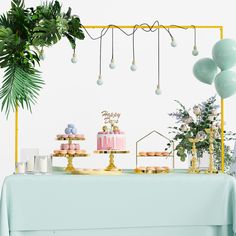 a table topped with cakes and balloons next to a green palm leaf filled wall behind it