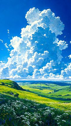 an oil painting of clouds over a green field with wildflowers in the foreground