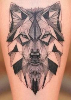 a black and white photo of a wolf tattoo on the thigh, with geometric shapes