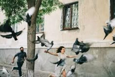 two people are chasing birds in the air next to a tree and building with windows