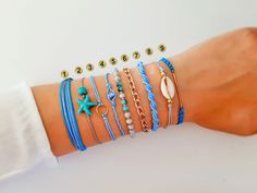 "Unique style bracelets for the summer. Beautiful stack of bracelets , in blue/gray colors, perfect like set or to combine with your other jewelry. Easy going for every day wearing. An assortment of adjustable closure bracelets, designed to fit all sizes. In bright light colors, with details in gold color. Each bracelet is beautiful on is one, and together tey make great set. Take full set, and have fun with mix and match all summer. You can choose the whole set of 9 bracelets or take each one s Boho Bracelets Stack, Trendy Bracelet, Bracelet Macrame, Stack Bracelet, Bracelets Beaded, Forever Gifts, Set Bracelet, Silver Bracelets For Women, Trendy Bracelets