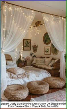 a bedroom with white curtains and lights on the ceiling is decorated in wicker furniture