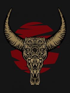 a bull's skull with large horns on a red and black background is shown