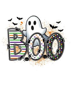 the word boo spelled out in front of a spooky ghost with bats around it