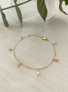 Dainty Gemstone Bracelet 14K Gold Filled Multicolor Bracelet - Etsy Pearl And Chain Bracelet, Cute Dainty Bracelets, Dainty Crystal Jewelry, Dainty Gemstone Bracelets, Dainty Charm Bracelet, Dainty Beaded Jewelry, Dainty Handmade Jewelry, Dainty Bracelets Gold, Beaded Chain Bracelet