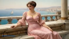 a painting of a woman in a pink dress sitting on a balcony overlooking the ocean