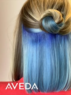 Blue Highlights On Blonde Hair, Fashion Hair Color Ideas, Highlights On Blonde Hair, Under Hair Dye, Fashion Hair Color, Sandy Blonde Hair, Aveda Hair