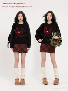 Sweater Skirt Outfit, 일본 패션, Christmas Outfits Women, Stylish Work Attire, Trendy Fashion Tops