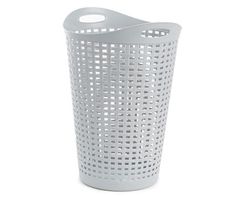 a white plastic trash can with holes on the sides and handles, sitting in front of a white background