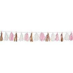 pink and white tasselled garland hanging on a string with gold foil fringes