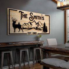 a wooden sign that says the smiths on it in front of a dining room table