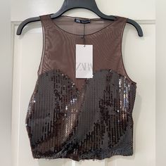 Zara Dark Brown Sequin Tulle Crop Top New With Tags Size L Round Neck Sleeveless Top Mixed Fabric With Sequins Polyester And Elastane All Sequins Sold As Shown Tulle Crop Top, Zara Sleeveless Top, Linen Tunic Shirt, Cropped Long Sleeve Top, Corset Style Tops, Tie Dye Tank Top, Zara Crop Top, Zara Shirt, Crop Top Shirts