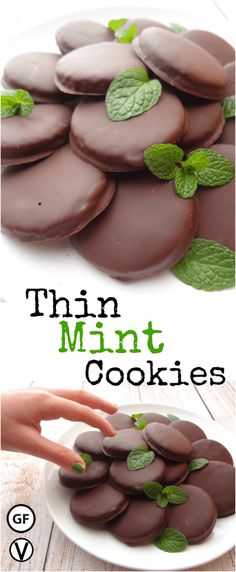 chocolate mint cookies on a white plate with the words thin mint cookies above and below