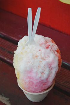 an ice cream sundae with two spoons sticking out of it