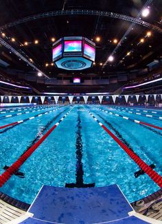 an indoor swimming pool with rows of lanes