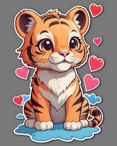 a cartoon tiger sitting on the ground with hearts around it