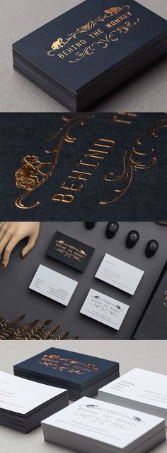 business cards and stationery designed to look like gold foil on black paper with golden lettering