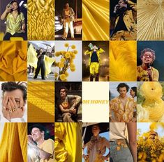 a collage of yellow and black images with people dressed in different outfits, including one man