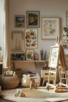 an easel is sitting on the floor in front of some pictures and other items