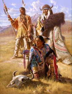 an oil painting of native american indians with a cow skull and long horned antelope