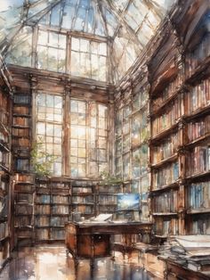 Cute vintage library ,brown color scheme, AI art, Watercolor painting Library Aesthetic Painting, Library Illustration Aesthetic, Bookshop Painting, Watercolor Library, Library Watercolor Painting, Painting Of A Library, Library Watercolor, Abandoned Library Art, Library Painting