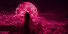 a woman sitting on a bench in front of a full moon with pink hues