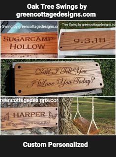 some wood signs that are hanging from a tree branch and have names on them,