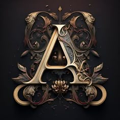 the letter a is made up of gold and silver leaves, with an ornate design