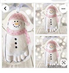 three pictures of a snowman ornament