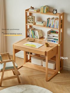 a small wooden desk with bookshelf and chair in front of it, next to a window