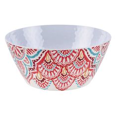 a red and blue patterned bowl on a white background