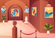 an illustration of a hallway with art work on the walls and red carpeted floor